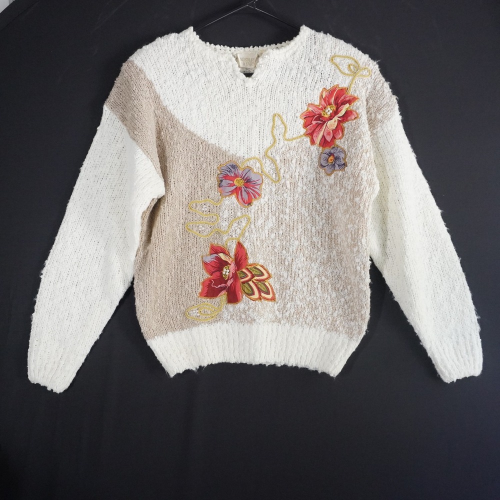 VTG Needles & Yarn Floral‎ Applique Knit Sweater Cream Beige Med Pearl Teacher
